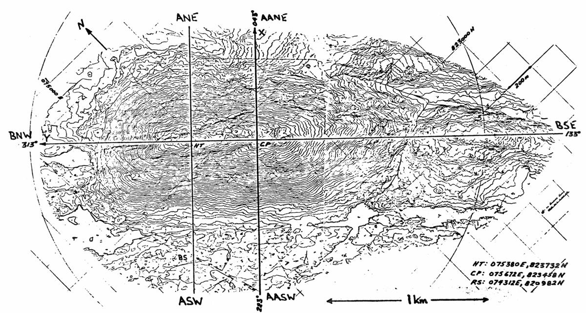 Map of Askervein Hill showing the hilltop, centrepoint and the wind mast locations along lines AA, A and B